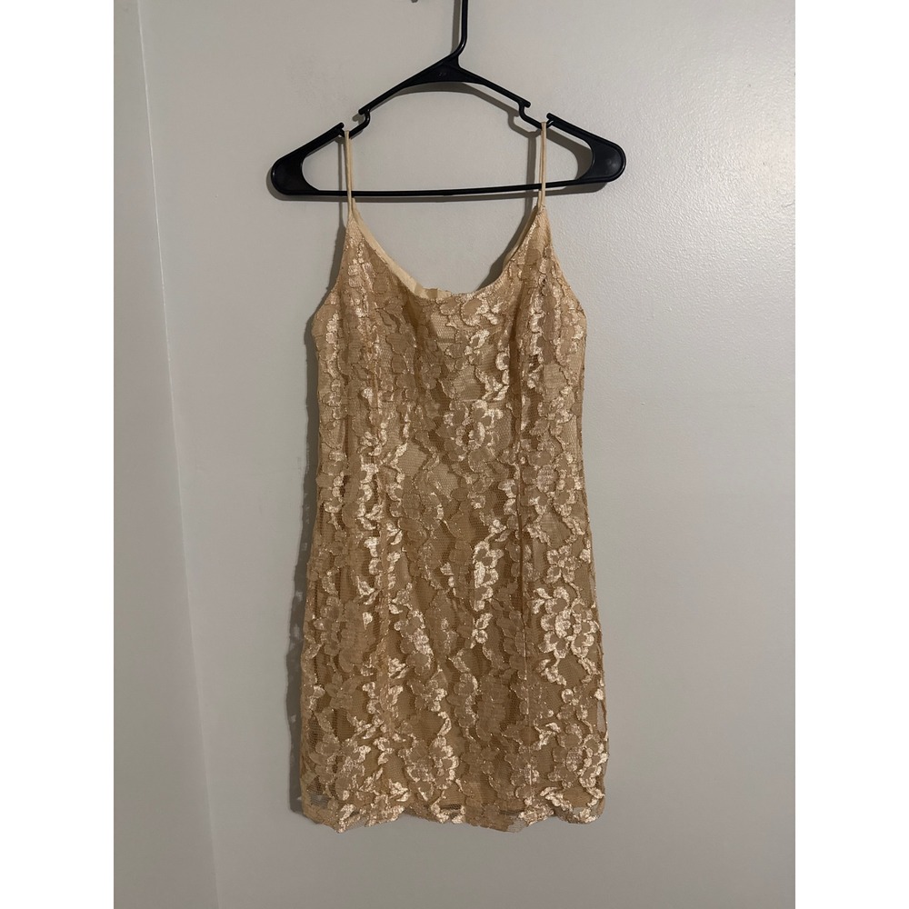 Vintage Y2K Rampage Gold Floral Lace Mini Dress Spaghetti Strap Metallic 11
